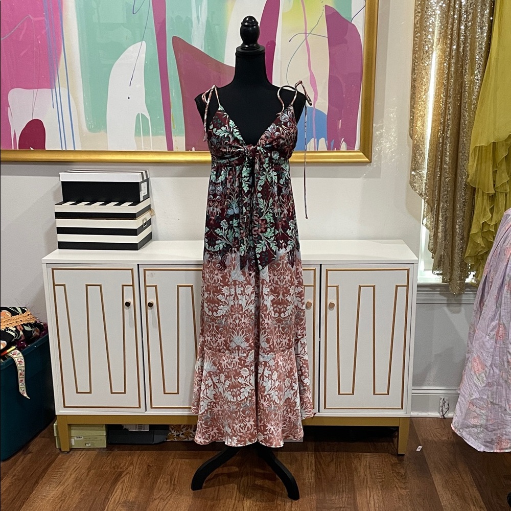 Free People Tiered Floral Maxi Dress in Burgundy, Mint & Blush